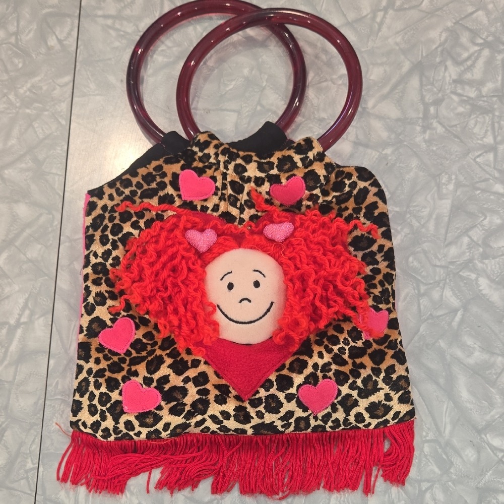 Jellycat Kids Leopard Print Heart Face Plush Handbag Red Fringe Circle Handles